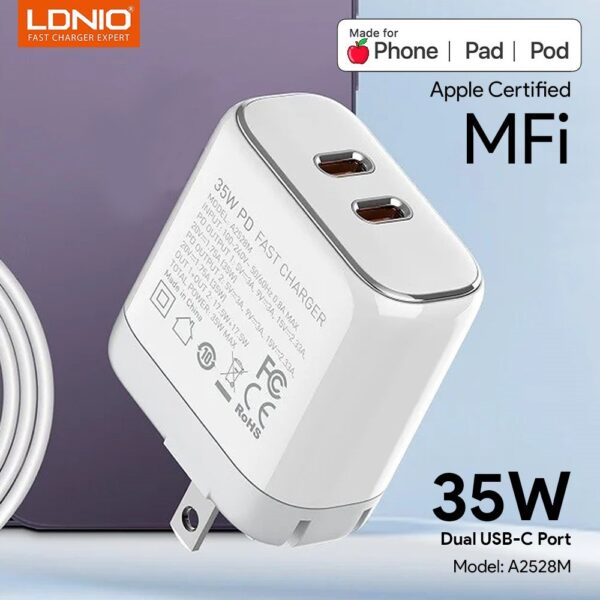 LDNIO A2528M 35W Dual USB-C Port Power Adapter with USB-C to PHONE Cable