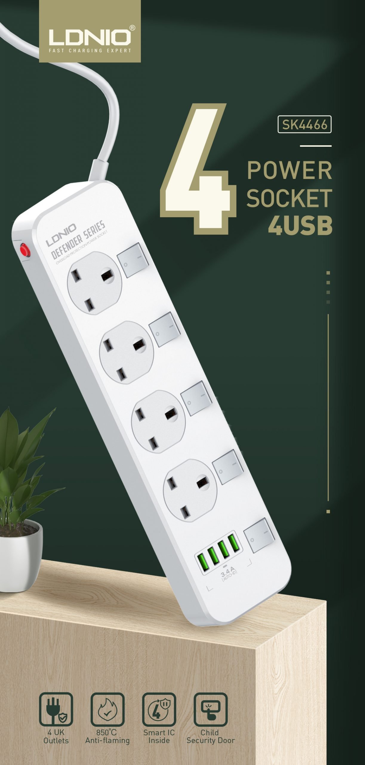 LDNIO SK4466 2500W 4 Power SOCKET AUTO-ID